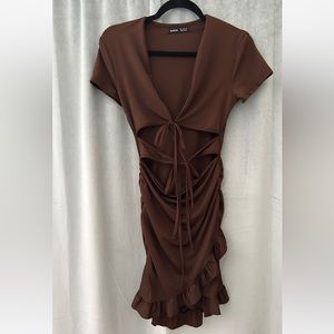 Brown ruffled bodycon dress with cutouts